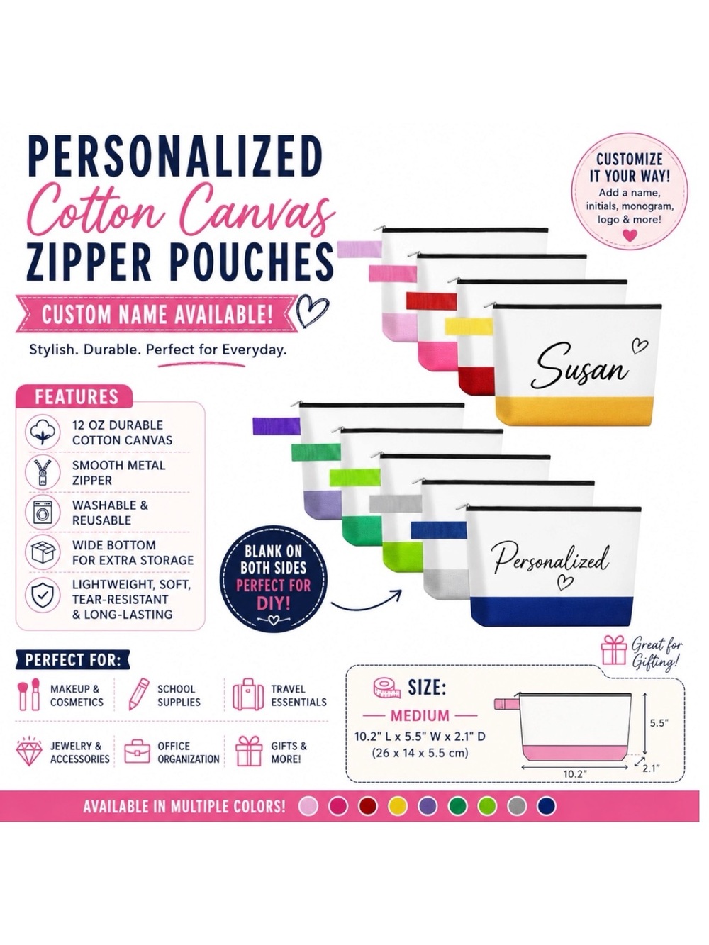 Personalized Cotton Canvas Zipper Pouch — White with Color Block School